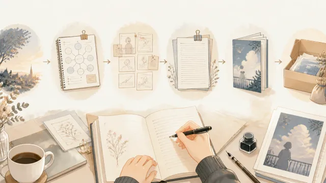 小説同人誌の制作工程を整理したノートと原稿
