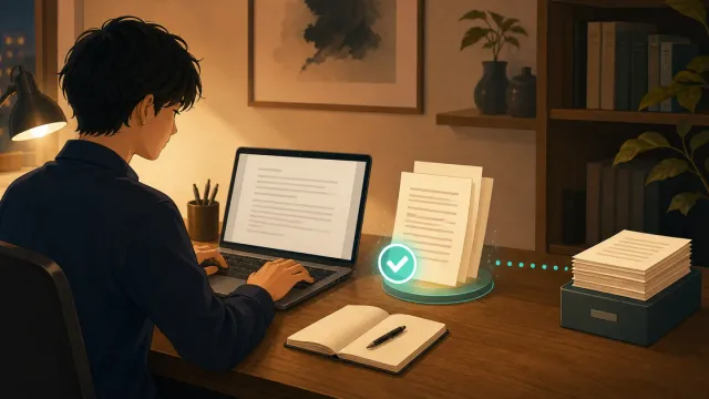 Web小説をパソコンで執筆し、自動保存された原稿と別にバックアップの控えを保管する机