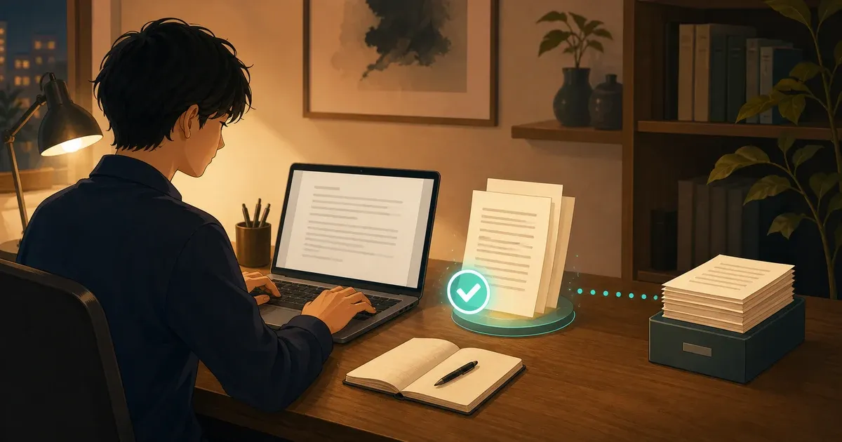 Web小説をパソコンで執筆し、自動保存された原稿と別にバックアップの控えを保管する机