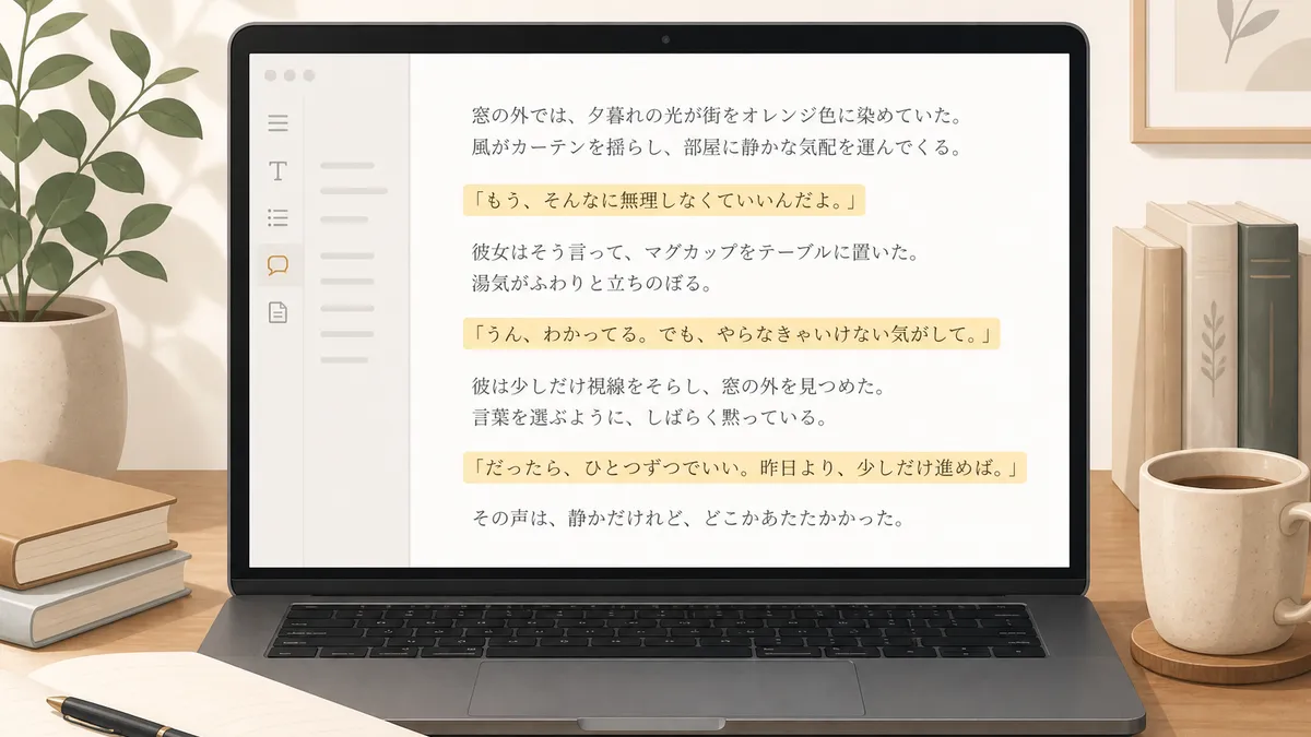 小説執筆エディタでセリフがハイライト表示されている画面のイメージ