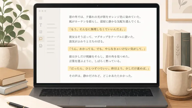 小説執筆エディタでセリフがハイライト表示されている画面のイメージ